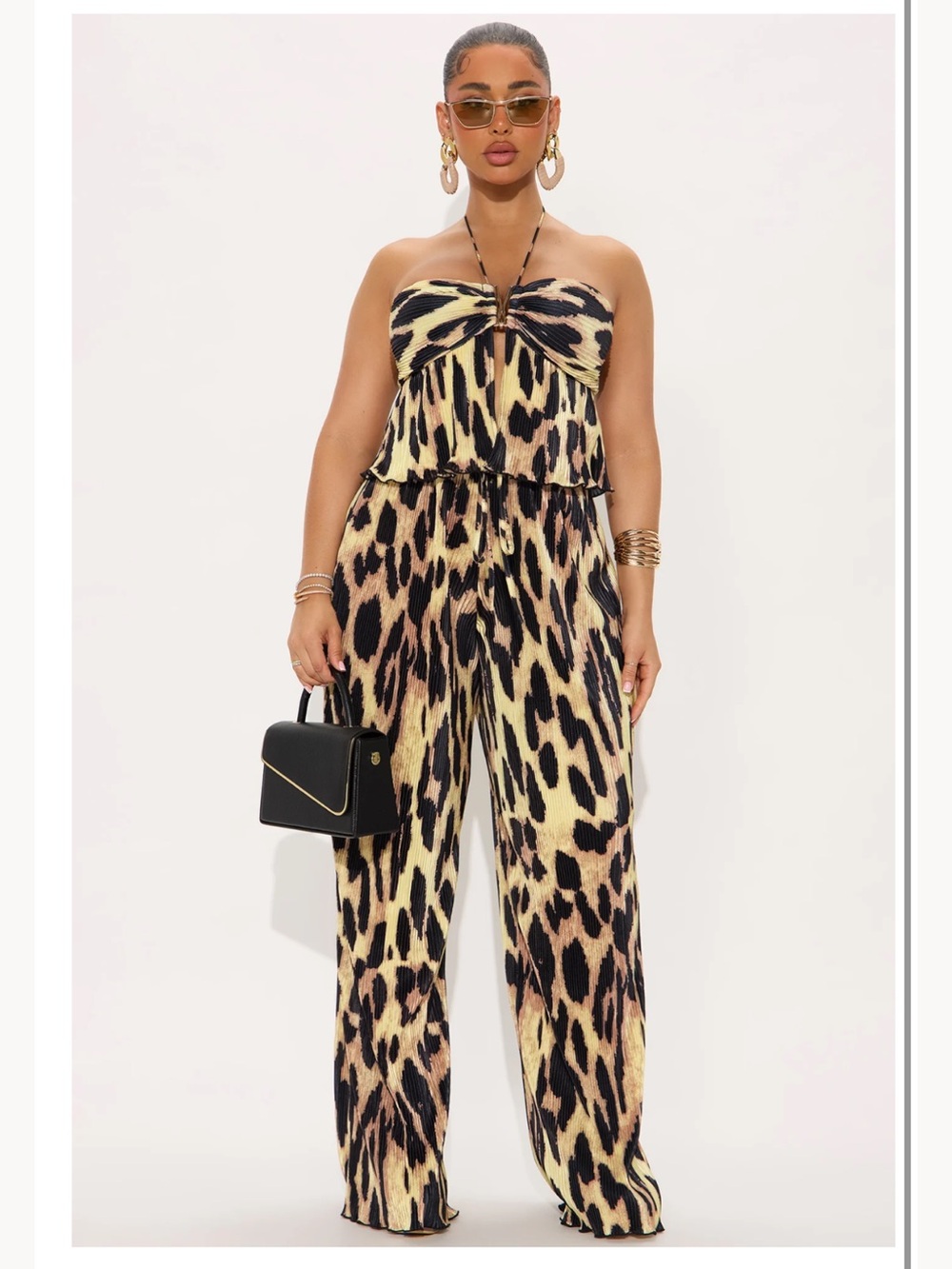 Fashion Nova Leopard Print Strapless Wide-Leg Jumpsuit - Black, Tan